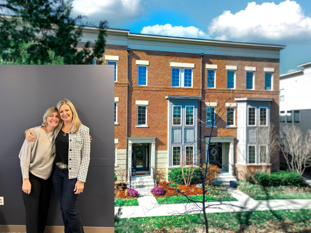 The image is a composite of two scenes. On the left, two women are embracing in a friendly pose, standing against a plain, gray backdrop. They are smiling broadly, exuding warmth and camaraderie. The woman on the right wears a stylish checked blazer, and both seem delighted in each other's company. On the right, the image features a modern three-story townhouse with a brick facade, accentuated with large windows and a detailed entryway. The residence is framed by well-maintained landscaping and a clear blue sky, enhancing its aesthetic appeal.






