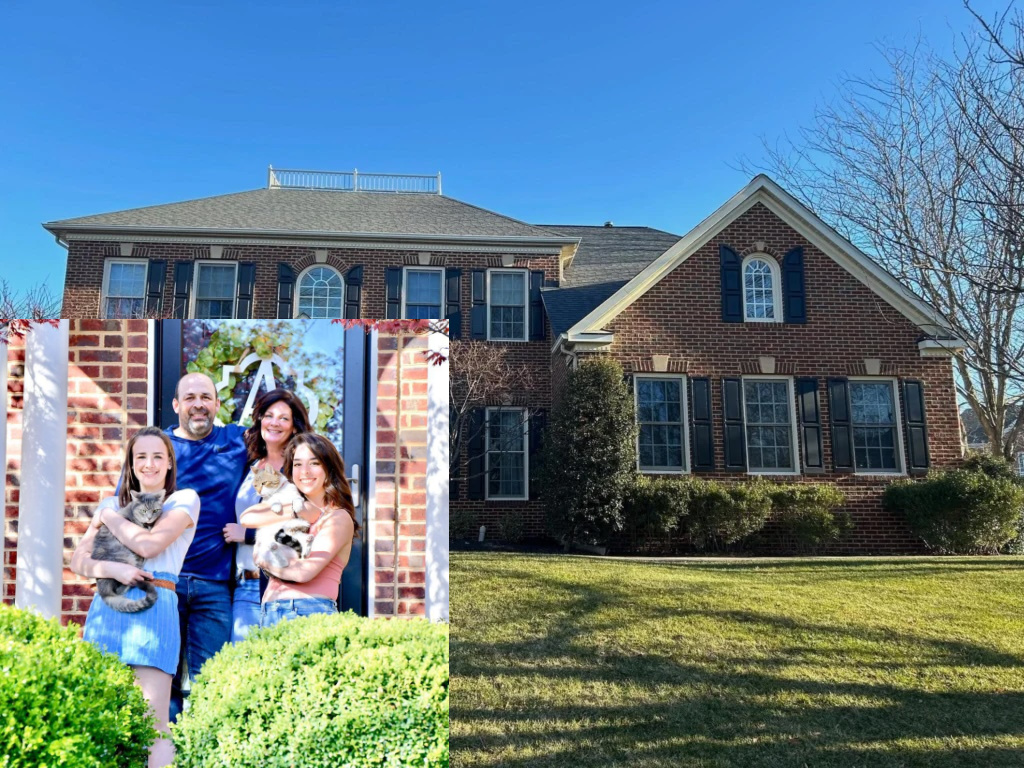 The image displays two scenes. On the left, a happy family of four, along with their two pet cats, pose together against a backdrop featuring fall foliage, giving the scene a warm, familial vibe. The family, consisting of a father, mother, and two daughters, smiles broadly, suggesting a close-knit relationship. On the right, there's a clear view of a two-story brick house with black shutters and a neatly manicured lawn, set under a clear blue sky. The house's classic design and inviting appearance make it an appealing residential setting.